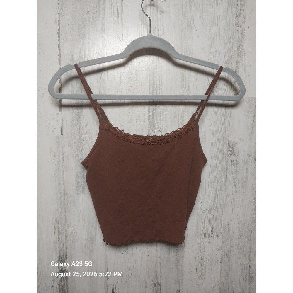 American Eagle Brown Cropped Camisole Spaghetti Strap Lace Trim Top Size Small